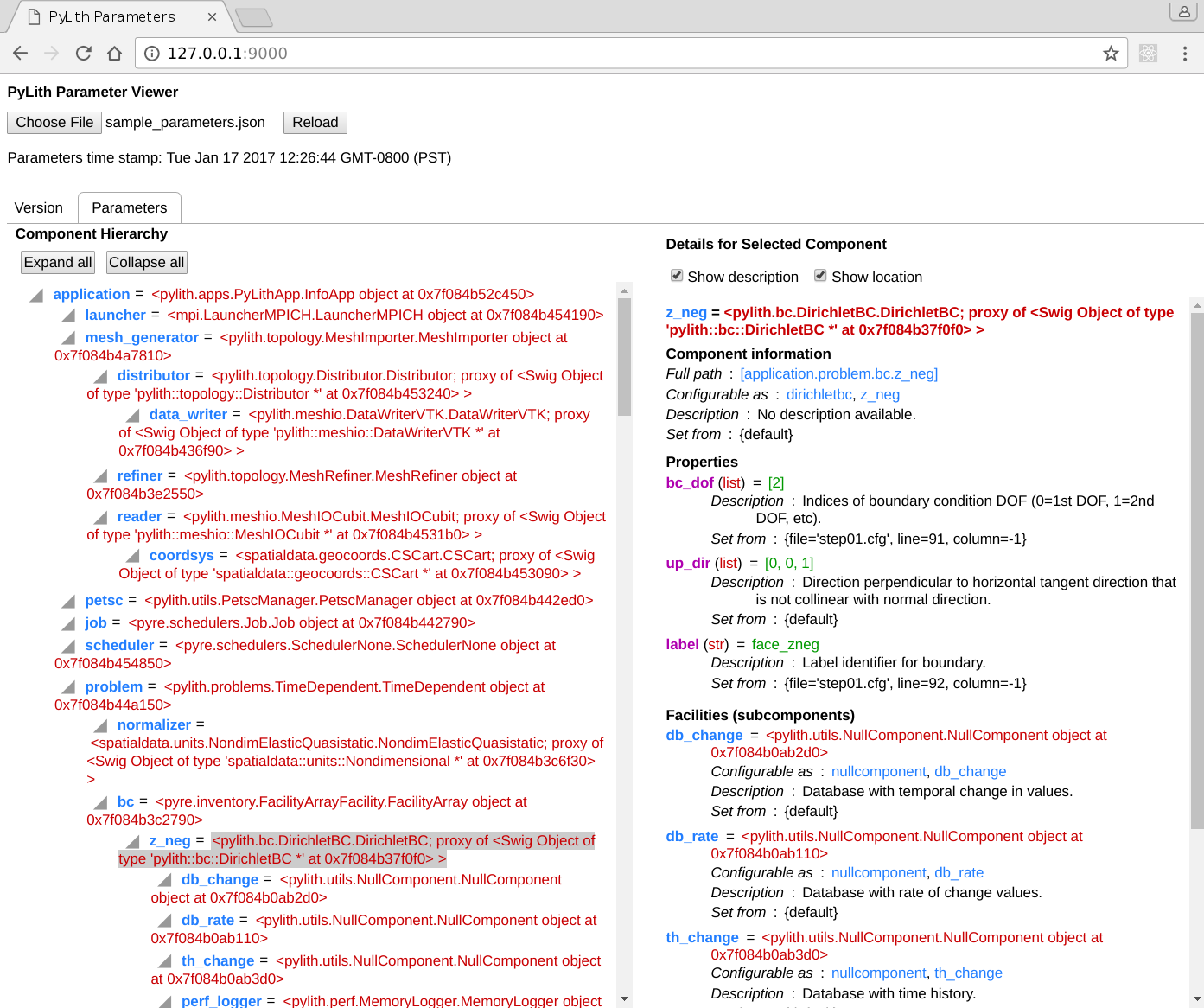 Screenshot of Parameters tab with the <tt>z_neg</tt>
      facility selected