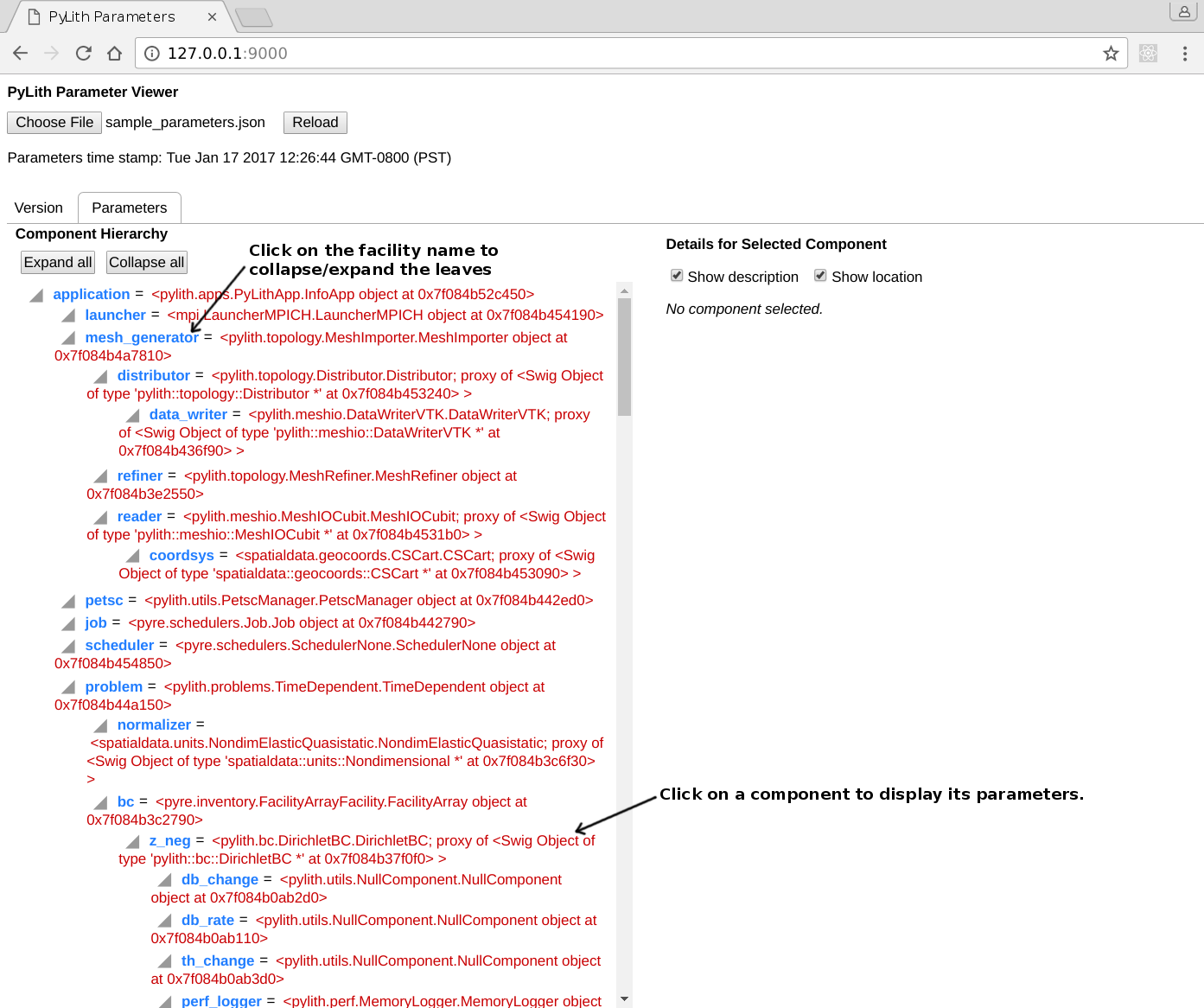 Screenshot of Parameters tab before selecting a
      facility in the left panel