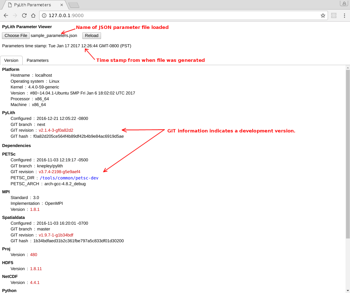 Screenshot of Version tab